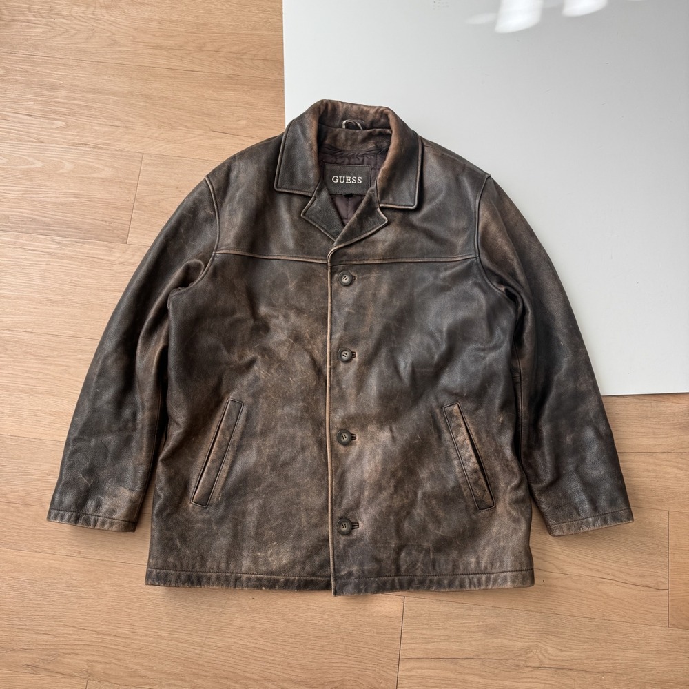 GuessDistressed Brown Leather Jacket Quilted Lined Vintage Workwear Large Mens